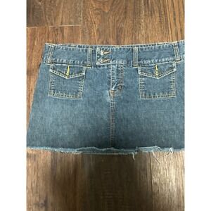 Vintage 2003 Roxy Jean Blue Denim Mini Skirt Raw Hem Y2K Low Rise Size 9